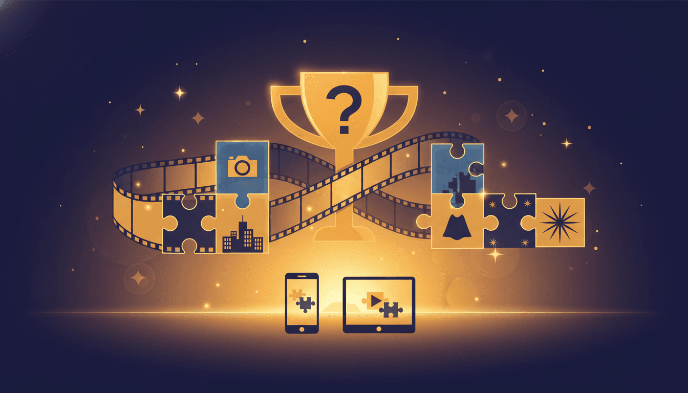 GuessThePlot blog: circle of phones showing different daily movie trivia and puzzle game interfaces with neon reflections