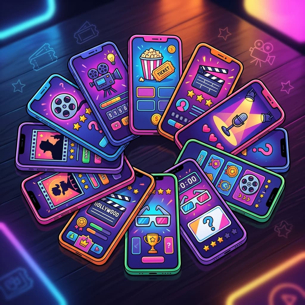 A circle of colorful mobile phones showing different movie trivia game interfaces with neon reflections