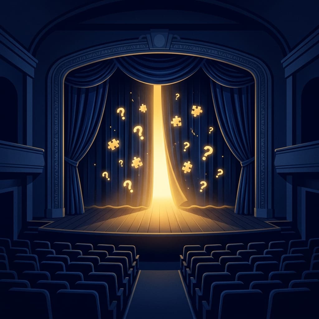 A cinematic movie theater stage with glowing puzzle pieces and question marks floating in the air