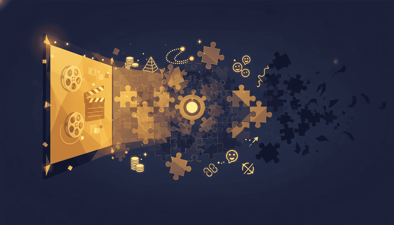 GuessThePlot blog: cinematic theater stage with glowing puzzle pieces and question marks for daily movie puzzle strategy guide