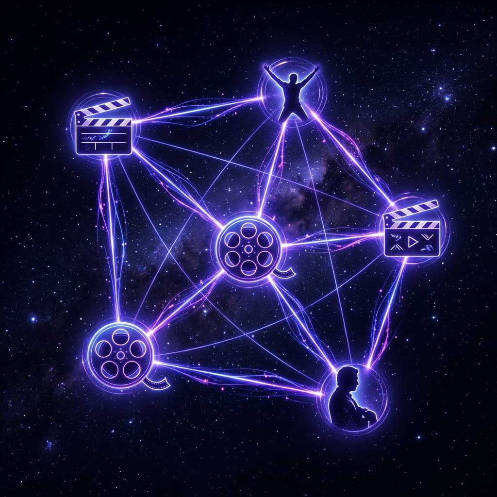 An abstract network of movie clapper boards and film reels connected by glowing indigo lines in a constellation pattern