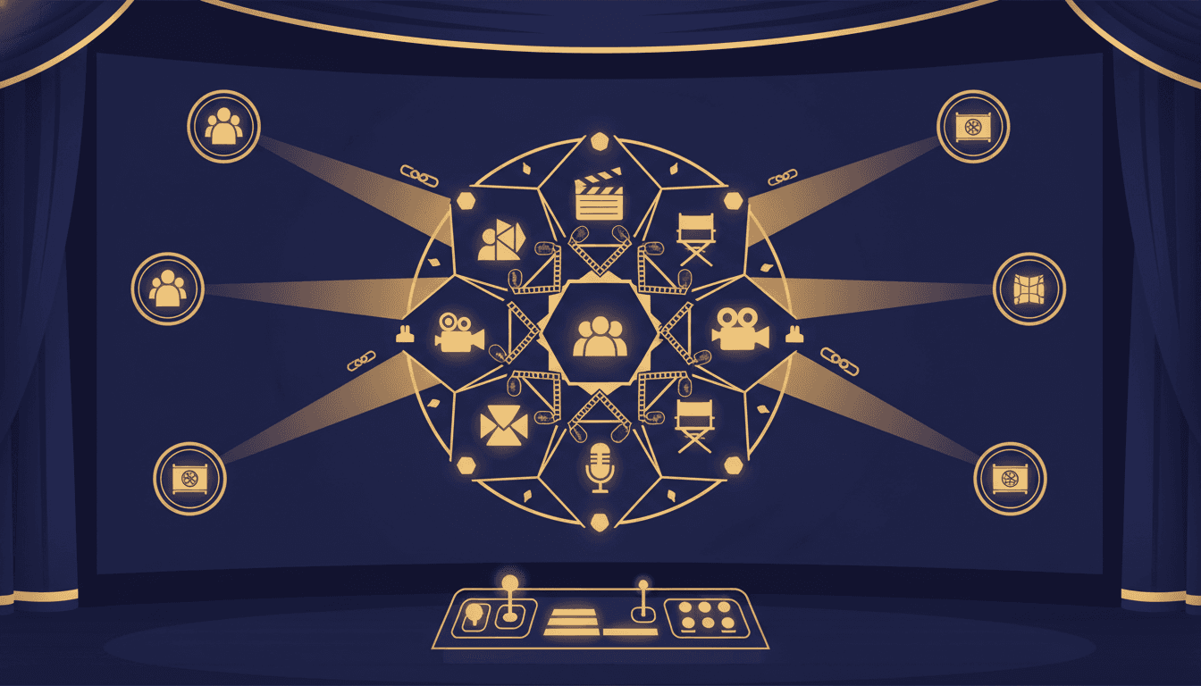 GuessThePlot blog: abstract film reels and clapperboards linked by glowing lines representing Cinema-Degrees movie chains